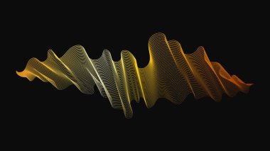 Karanlık arka planda lüks altın dalgaları olan soyut bir fon. Modern teknoloji arka planı, dalga tasarımı. Vektör illüstrasyonu