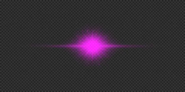Lens fişeklerinin ışık etkisi. Mor yatay parlak ışık patlaması efekti. Gri şeffaf arkaplanda parıltılar var. Vektör illüstrasyonu