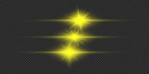 Efecto Luminoso Las Bengalas Tres Amarillo Horizontal Brillante Luz Starburst — Archivo Imágenes Vectoriales