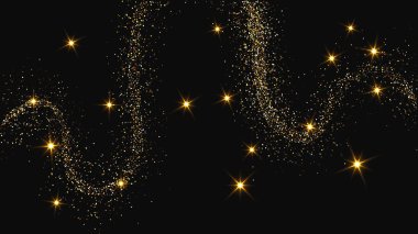 Altın parıldayan konfeti dalgası ve yıldız tozu. Koyu arkaplanda altın sihirli parıltılar olan üç fon seti. Vektör illüstrasyonu