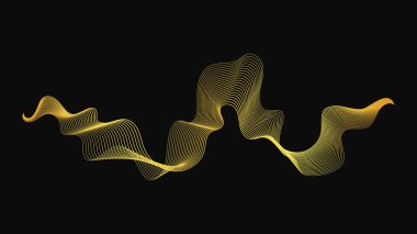 Karanlık arka planda lüks altın dalgaları olan soyut bir fon. Modern teknoloji arka planı, dalga tasarımı. Vektör illüstrasyonu