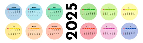 Horizontal Calendar 2025 Isolated White Background Sunday Monday Business Template — Stock Vector