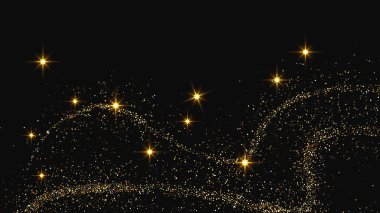 Altın parıldayan konfeti dalgası ve yıldız tozu. Koyu arkaplanda altın sihirli parıltılar olan üç fon seti. Vektör illüstrasyonu