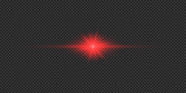 Lens fişeklerinin ışık etkisi. Gri şeffaf arkaplanda parıldayan kırmızı yatay ışık patlaması efekti. Vektör illüstrasyonu