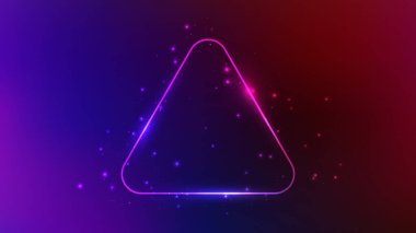 Neon yuvarlak üçgen çerçeve, parlak efektler ve koyu mor arka planda parıltılar. Boş parlayan tekno fon. Vektör illüstrasyonu