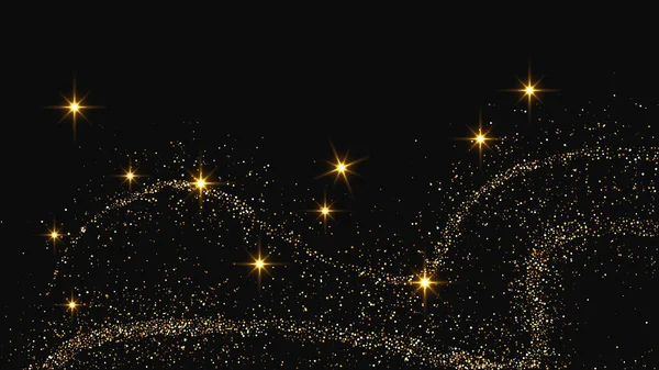 Altın parıldayan konfeti dalgası ve yıldız tozu. Koyu arkaplanda altın sihirli parıltılar olan üç fon seti. Vektör illüstrasyonu