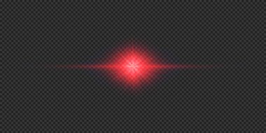 Lens fişeklerinin ışık etkisi. Gri şeffaf arkaplanda parıldayan kırmızı yatay ışık patlaması efekti. Vektör illüstrasyonu