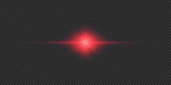 Lens fişeklerinin ışık etkisi. Gri şeffaf arkaplanda parıldayan kırmızı yatay ışık patlaması efekti. Vektör illüstrasyonu