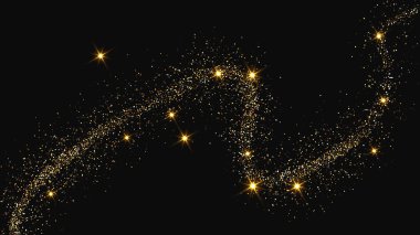 Altın parıldayan konfeti dalgası ve yıldız tozu. Koyu arkaplanda altın sihirli parıltılar olan üç fon seti. Vektör illüstrasyonu