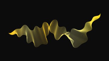 Karanlık arka planda lüks altın dalgaları olan soyut bir fon. Modern teknoloji arka planı, dalga tasarımı. Vektör illüstrasyonu