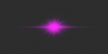Lens fişeklerinin ışık etkisi. Mor yatay parlak ışık patlaması efekti. Gri şeffaf arkaplanda parıltılar var. Vektör illüstrasyonu