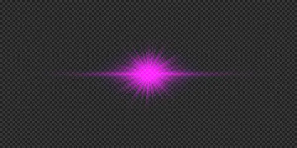 镜头照明弹的光效 紫色水平发光的星暴效果与闪光在灰色透明的背景 矢量说明 — 图库矢量图片