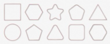 Şeffaf arkaplanda izole edilmiş farklı geometrik şekillerde parlayan on adet altın parlayan çerçeve. Parlak efektli parlak bir çerçeve. Vektör illüstrasyonu