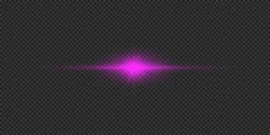 Lens fişeklerinin ışık etkisi. Mor yatay parlak ışık patlaması efekti. Gri şeffaf arkaplanda parıltılar var. Vektör illüstrasyonu