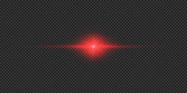 Lens fişeklerinin ışık etkisi. Gri şeffaf arkaplanda parıldayan kırmızı yatay ışık patlaması efekti. Vektör illüstrasyonu