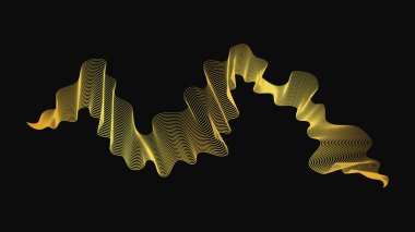 Karanlık arka planda lüks altın dalgaları olan soyut bir fon. Modern teknoloji arka planı, dalga tasarımı. Vektör illüstrasyonu