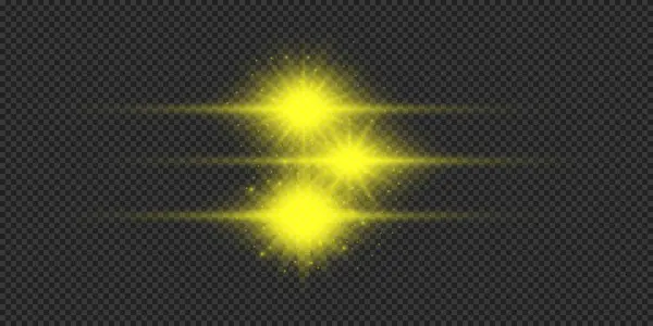 Lens Fişeklerinin Işık Etkisi Gri Şeffaf Arkaplanda Parıldayan Sarı Yatay — Stok Vektör