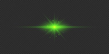 Lens fişeklerinin ışık etkisi. Gri şeffaf arkaplanda parıldayan yeşil yatay ışık patlaması efekti. Vektör illüstrasyonu