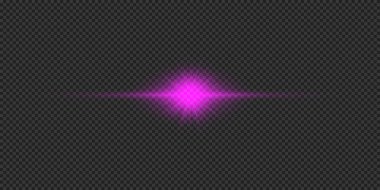 Lens fişeklerinin ışık etkisi. Mor yatay parlak ışık patlaması efekti. Gri şeffaf arkaplanda parıltılar var. Vektör illüstrasyonu