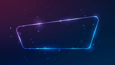 Neon yuvarlak çerçeve, parlak efektler ve koyu mor arka planda parıltılar. Boş parlayan tekno fon. Vektör illüstrasyonu