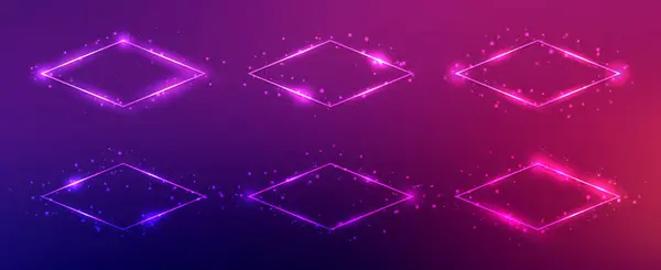 Set Six Neon Rhombus Frames Shining Effects Sparkles Dark Purple — Stock Vector