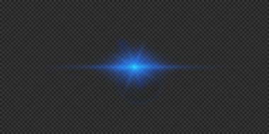 Lens fişeklerinin ışık etkisi. Gri şeffaf arkaplanda parıldayan mavi yatay ışık patlaması efekti. Vektör illüstrasyonu