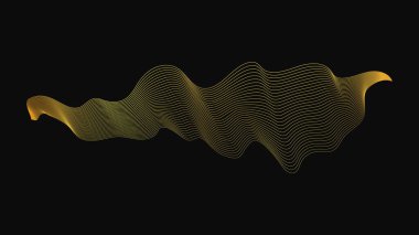 Karanlık arka planda lüks altın dalgaları olan soyut bir fon. Modern teknoloji arka planı, dalga tasarımı. Vektör illüstrasyonu