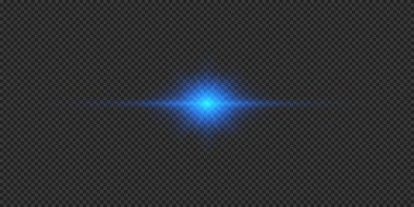 Lens fişeklerinin ışık etkisi. Gri şeffaf arkaplanda parıldayan mavi yatay ışık patlaması efekti. Vektör illüstrasyonu