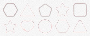 Şeffaf arkaplanda izole edilmiş farklı geometrik şekillerde parlayan on adet altın parlayan çerçeve. Parlak efektli parlak bir çerçeve. Vektör illüstrasyonu