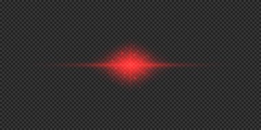 Lens fişeklerinin ışık etkisi. Gri şeffaf arkaplanda parıldayan kırmızı yatay ışık patlaması efekti. Vektör illüstrasyonu