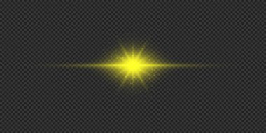 Lens fişeklerinin ışık etkisi. Gri şeffaf arkaplanda parıldayan sarı yatay ışık patlaması etkisi. Vektör illüstrasyonu