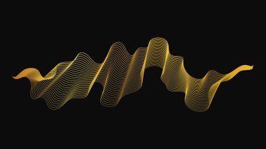 Karanlık arka planda lüks altın dalgaları olan soyut bir fon. Modern teknoloji arka planı, dalga tasarımı. Vektör illüstrasyonu