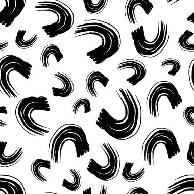 Seamless pattern with black wavy grunge brush strokes in abstract shapes on white background. Vector illustration