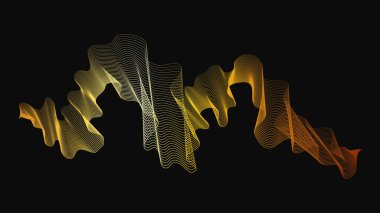 Karanlık arka planda lüks altın dalgaları olan soyut bir fon. Modern teknoloji arka planı, dalga tasarımı. Vektör illüstrasyonu