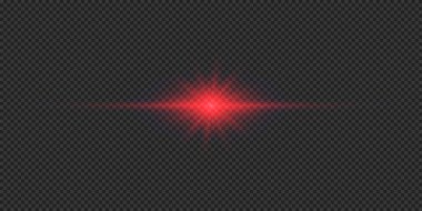 Lens fişeklerinin ışık etkisi. Gri şeffaf arkaplanda parıldayan kırmızı yatay ışık patlaması efekti. Vektör illüstrasyonu