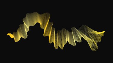 Karanlık arka planda lüks altın dalgaları olan soyut bir fon. Modern teknoloji arka planı, dalga tasarımı. Vektör illüstrasyonu