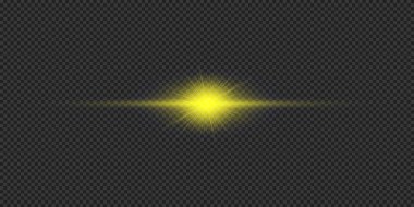 Lens fişeklerinin ışık etkisi. Gri şeffaf arkaplanda parıldayan sarı yatay ışık patlaması etkisi. Vektör illüstrasyonu