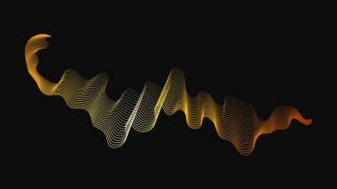 Karanlık arka planda lüks altın dalgaları olan soyut bir fon. Modern teknoloji arka planı, dalga tasarımı. Vektör illüstrasyonu