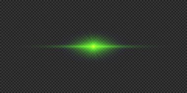 Lens fişeklerinin ışık etkisi. Gri şeffaf arkaplanda parıldayan yeşil yatay ışık patlaması efekti. Vektör illüstrasyonu