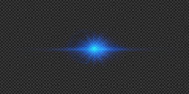 Lens fişeklerinin ışık etkisi. Gri şeffaf arkaplanda parıldayan mavi yatay ışık patlaması efekti. Vektör illüstrasyonu