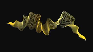 Karanlık arka planda lüks altın dalgaları olan soyut bir fon. Modern teknoloji arka planı, dalga tasarımı. Vektör illüstrasyonu