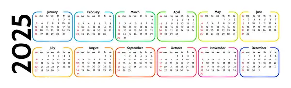 Horizontal Calendar 2025 Isolated White Background Sunday Monday Business Template — Stock Vector