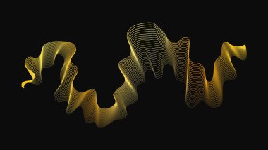 Karanlık arka planda lüks altın dalgaları olan soyut bir fon. Modern teknoloji arka planı, dalga tasarımı. Vektör illüstrasyonu