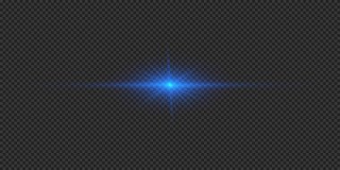 Lens fişeklerinin ışık etkisi. Gri şeffaf arkaplanda parıldayan mavi yatay ışık patlaması efekti. Vektör illüstrasyonu