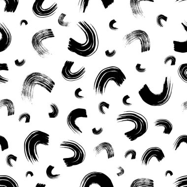 Seamless pattern with black wavy grunge brush strokes in abstract shapes on white background. Vector illustration