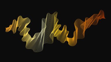 Karanlık arka planda lüks altın dalgaları olan soyut bir fon. Modern teknoloji arka planı, dalga tasarımı. Vektör illüstrasyonu