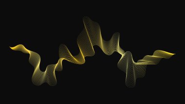 Karanlık arka planda lüks altın dalgaları olan soyut bir fon. Modern teknoloji arka planı, dalga tasarımı. Vektör illüstrasyonu