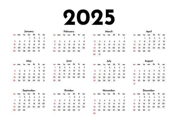 Calendar 2025 Isolated White Background Sunday Monday Business Template Vector — Stock Vector