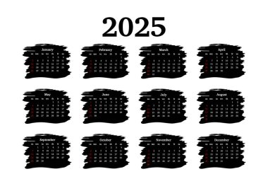 2025 takvimi beyaz arka planda izole edildi. Pazardan pazartesiye, iş planı. Vektör illüstrasyonu