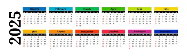 Calendario Orizzontale 2025 Isolato Sfondo Bianco Domenica Lunedì Modello Business — Vettoriale Stock